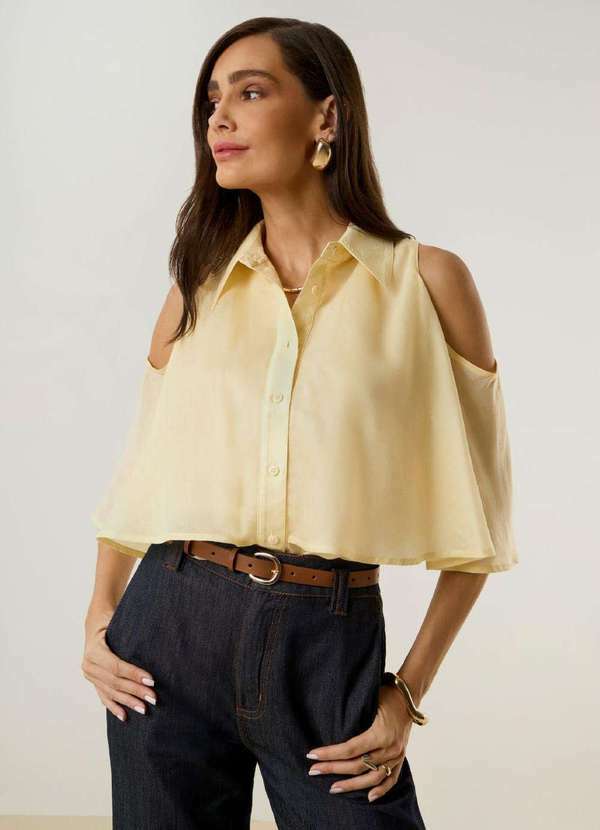 Maria.valentina - Camisa Maria.Valentina Solta Gola Tradicional Manga Longa Padrão Amarelo