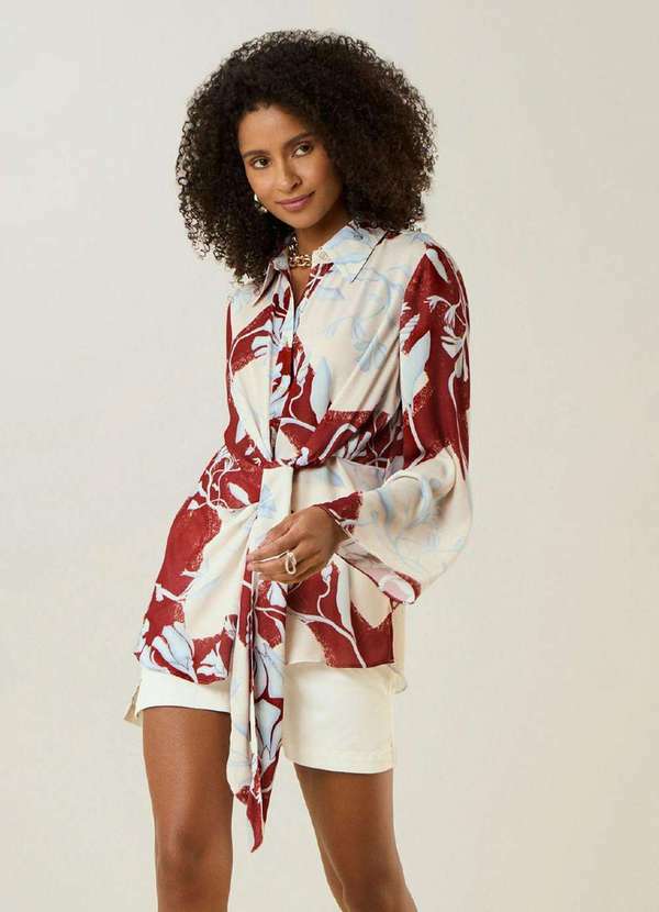 Maria.valentina - Camisa Maria.Valentina Solta Gola Tradicional Manga Longa Padrão Marrom