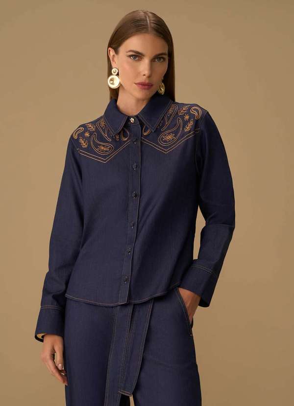 Maria.valentina - Camisa Maria.Valentina Solta Polo Manga Longa Padrão Azul Azul