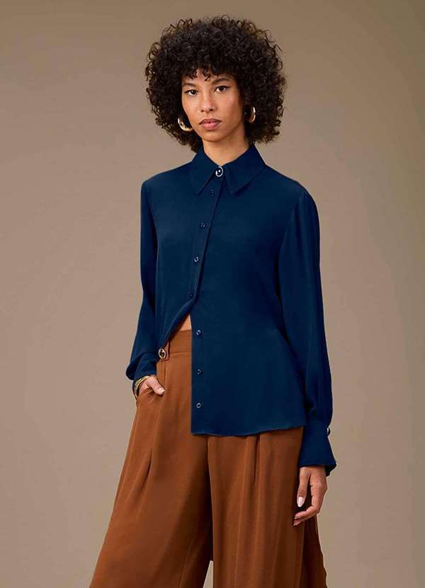 Maria.valentina - Camisa Maria.Valentina Solta Polo Manga Longa Padrão Azul Escuro Azul