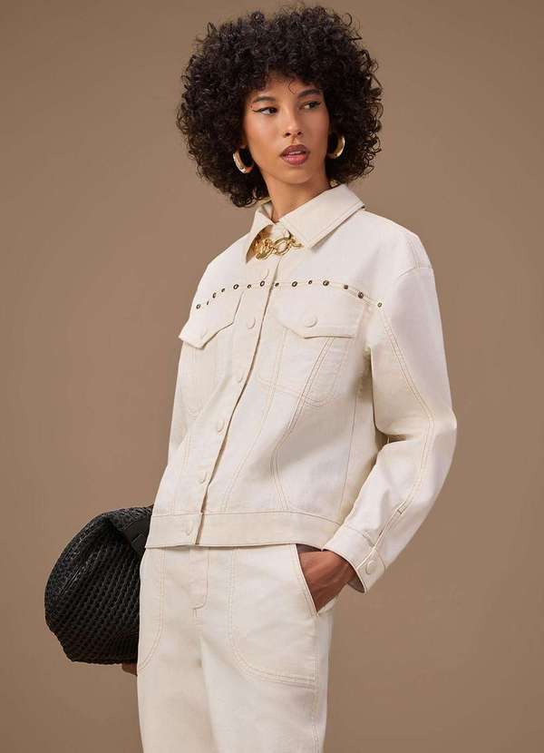 Maria.valentina - Jaqueta Maria.Valentina Solta Manga Longa Padrão Off White Branco