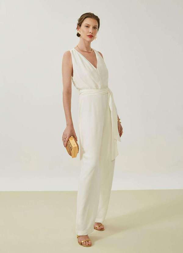 Maria.valentina - Macacão Maria.Valentina Solto Decote V sem Manga Longo Off White Branco