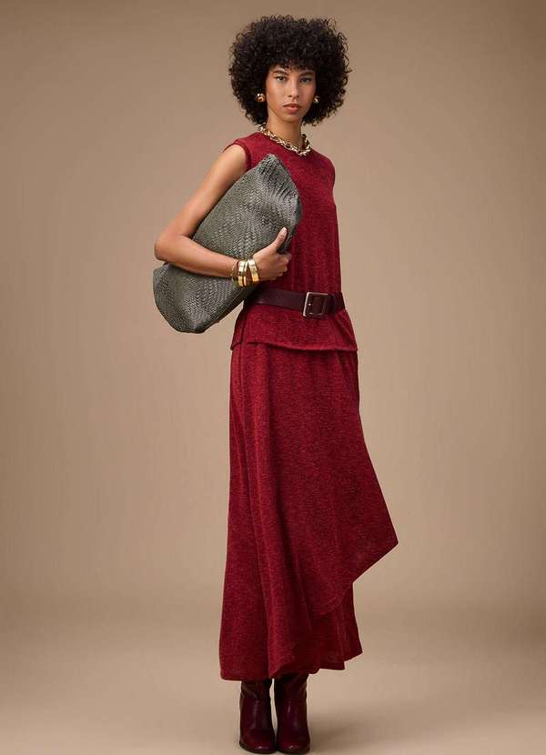 Maria.valentina - Saia Maria.Valentina Evasê Alta Midi Bordo Vermelho