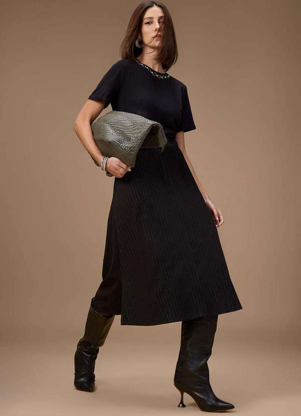 Maria.valentina - Saia Maria.Valentina Evasê Alta Midi Preto Preto