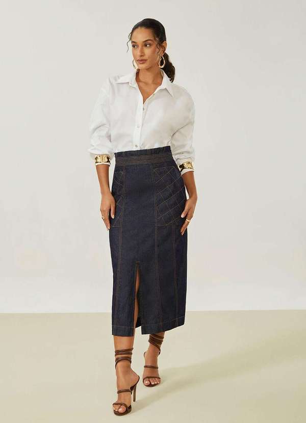 Maria.valentina - Saia Maria.Valentina Evasê Alta Midi Azul Azul