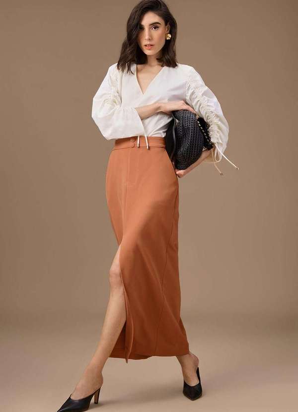 Maria.valentina - Saia Maria.Valentina Reta Alta Longa Marrom Marrom