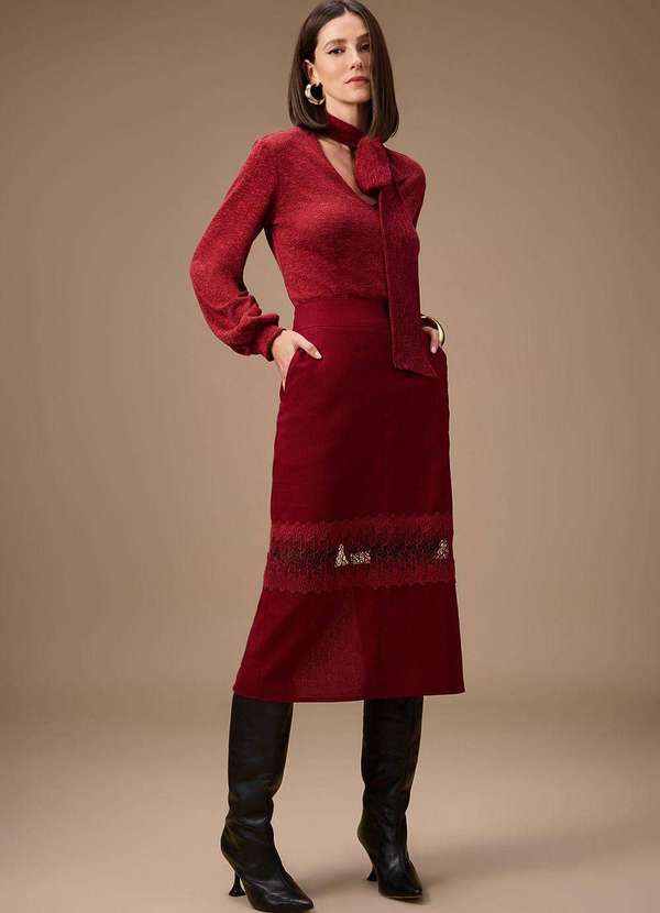 Maria.valentina - Saia Maria.Valentina Reta Alta Midi Bordo Vermelho