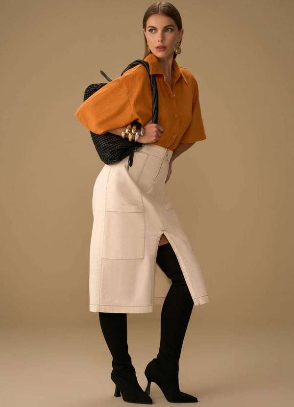 Maria.valentina - Saia Maria.Valentina Reta Alta Midi Bege Bege