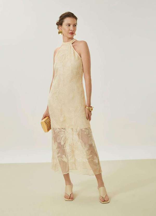 Maria.valentina - Vestido Maria.Valentina Ajustado Cava Francesa sem Manga Longo Be Bege