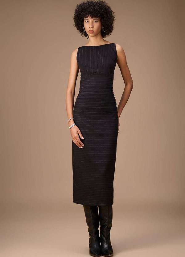 Maria.valentina - Vestido Maria.Valentina Ajustado Decote Reto com Alça Midi Preto Preto 2