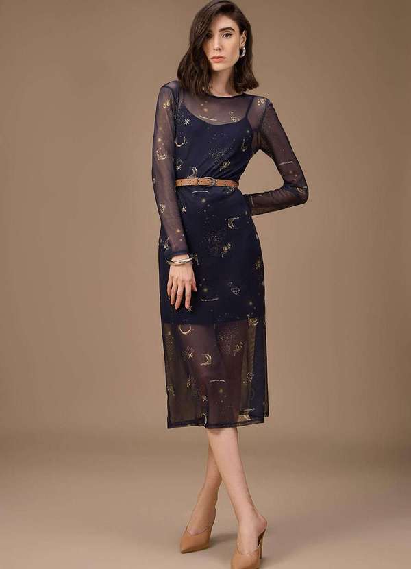 Maria.valentina - Vestido Maria.Valentina Ajustado Decote Careca Manga Longa Longo Azul