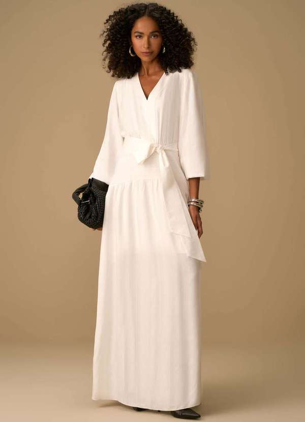 Maria.valentina - Vestido Maria.Valentina Ajustado Decote V Manga Longa Midi Off Wh Branco