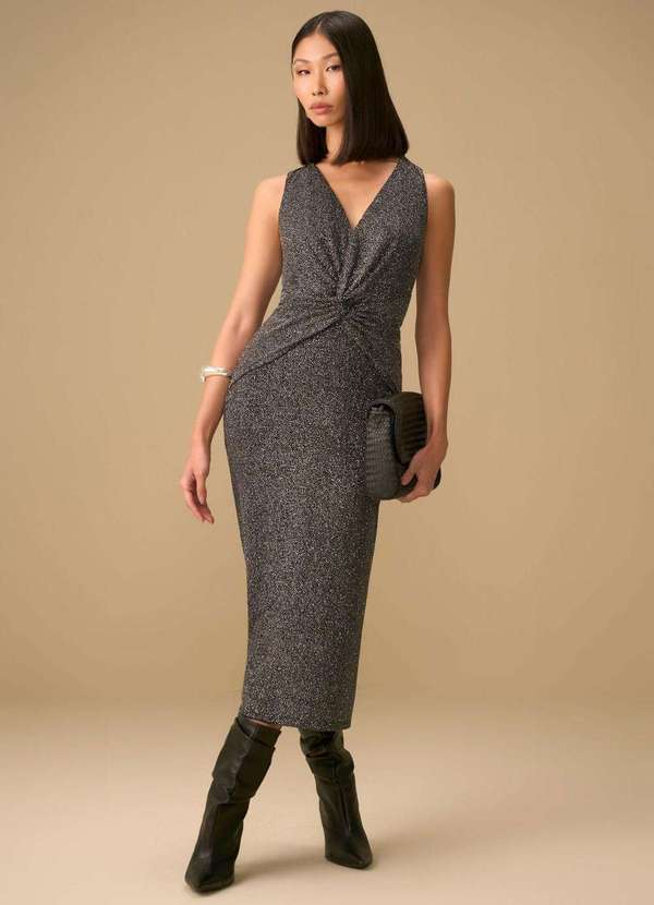 Maria.valentina - Vestido Maria.Valentina Ajustado Decote V sem Alça Midi Preto Preto 4