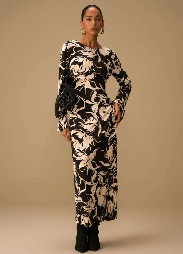 Maria.valentina - Vestido Maria.Valentina Ajustado Decote Canoa Manga Longa Midi Pr Preto