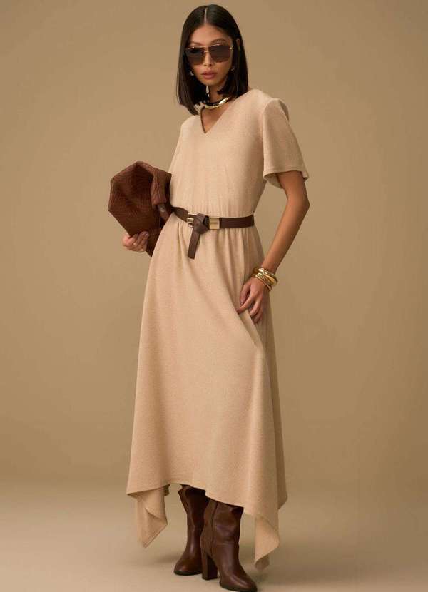 Maria.valentina - Vestido Maria.Valentina Ajustado Decote V Manga Curta Midi Bege Bege