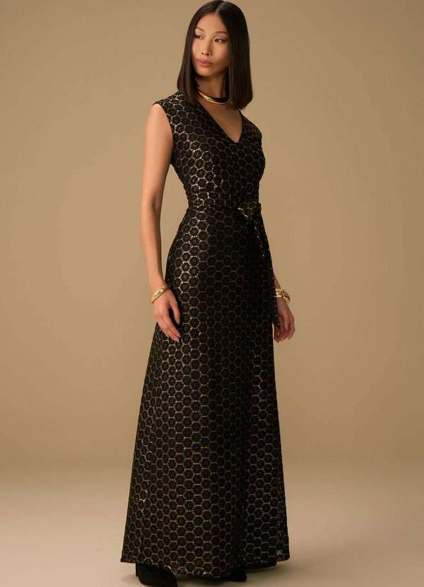 Maria.valentina - Vestido Maria.Valentina Ajustado Decote V Manga Curta Longo Doura Dourado