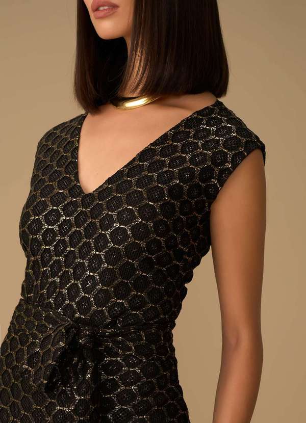 Maria.valentina - Vestido Maria.Valentina Ajustado Decote V Manga Curta Longo Doura Dourado 2