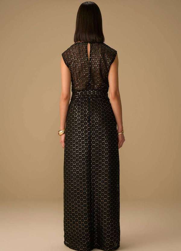 Maria.valentina - Vestido Maria.Valentina Ajustado Decote V Manga Curta Longo Doura Dourado 3