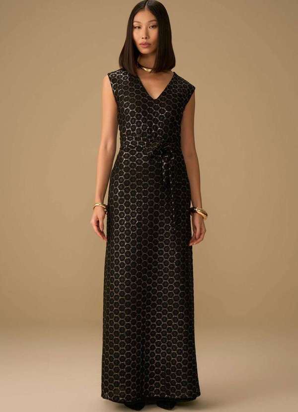 Maria.valentina - Vestido Maria.Valentina Ajustado Decote V Manga Curta Longo Doura Dourado 4