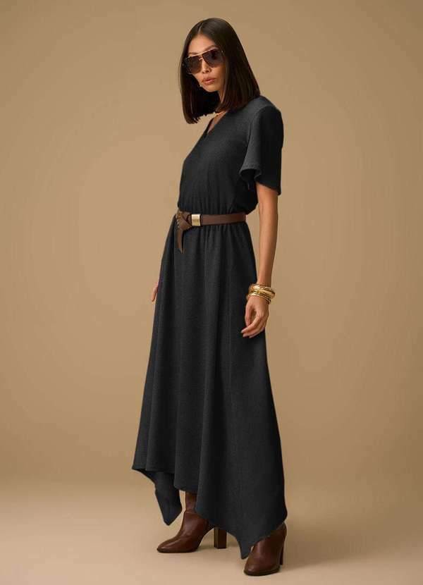 Maria.valentina - Vestido Maria.Valentina Ajustado Decote V Manga Curta Midi Preto Preto