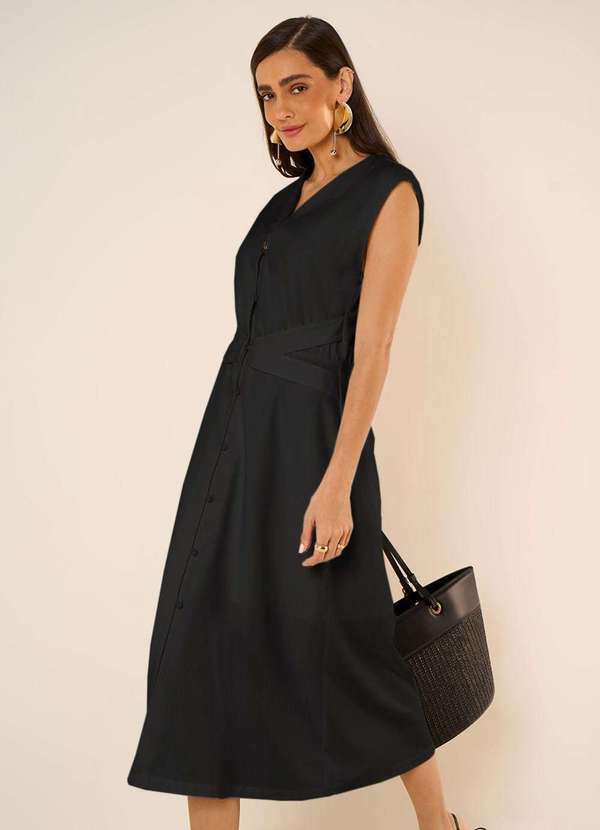 Maria.valentina - Vestido Maria.Valentina Ajustado Decote V sem Manga Midi Preto Preto