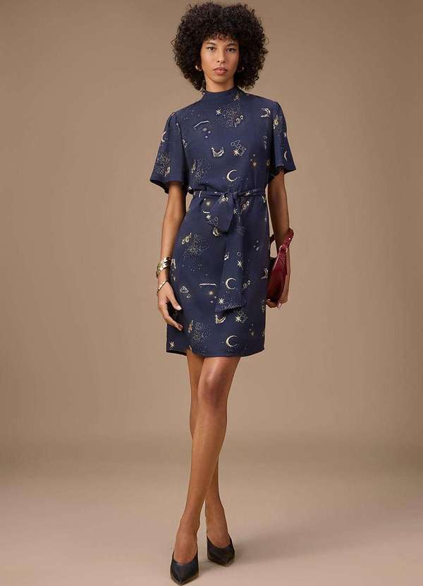 Maria.valentina - Vestido Maria.Valentina Ajustado Gola Alta Manga Curta Curto Azul Azul