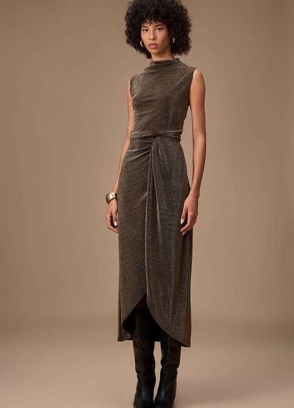 Maria.valentina - Vestido Maria.Valentina Ajustado Gola Alta sem Manga Midi Dourado Dourado 2