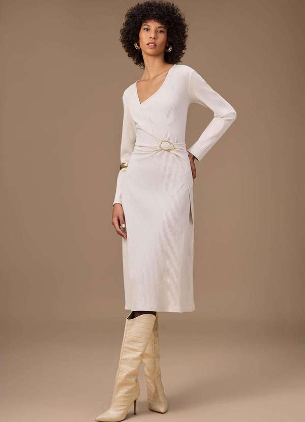 Maria.valentina - Vestido Maria.Valentina Ajustado Gola Alta Manga Longa Midi Off W Branco