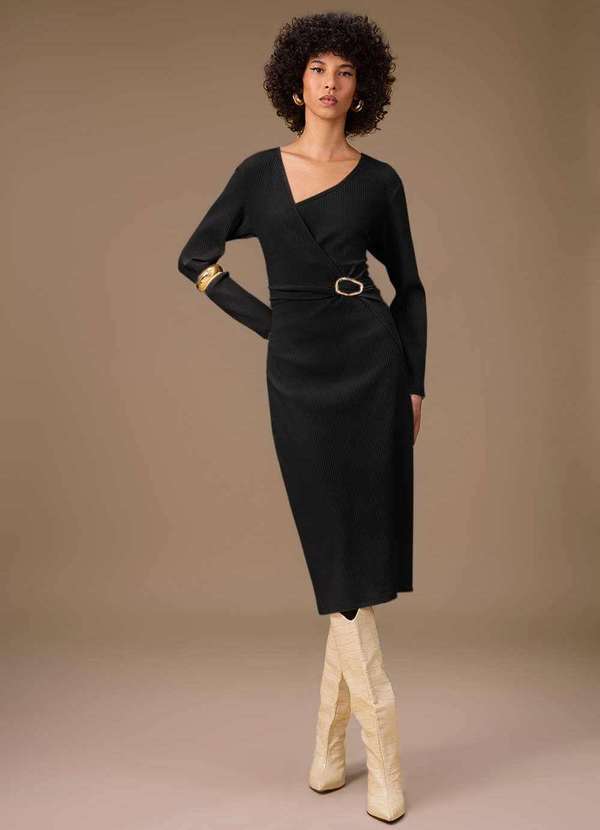 Maria.valentina - Vestido Maria.Valentina Ajustado Gola Alta Manga Longa Midi Preto Preto