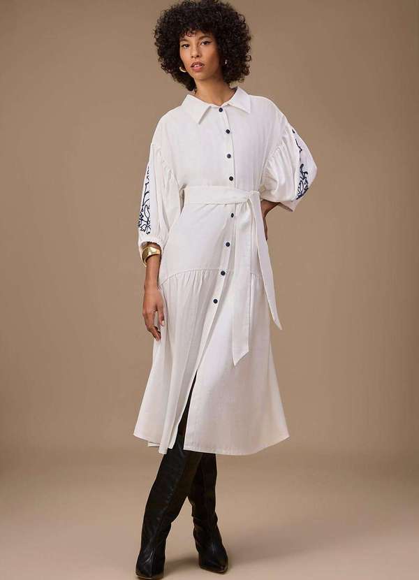 Maria.valentina - Vestido Maria.Valentina Ajustado Polo Manga 3 Quartos Midi Off Wh Branco