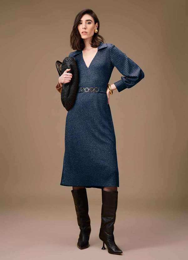Maria.valentina - Vestido Maria.Valentina Ajustado Polo Manga Longa Midi Azul Escur Azul