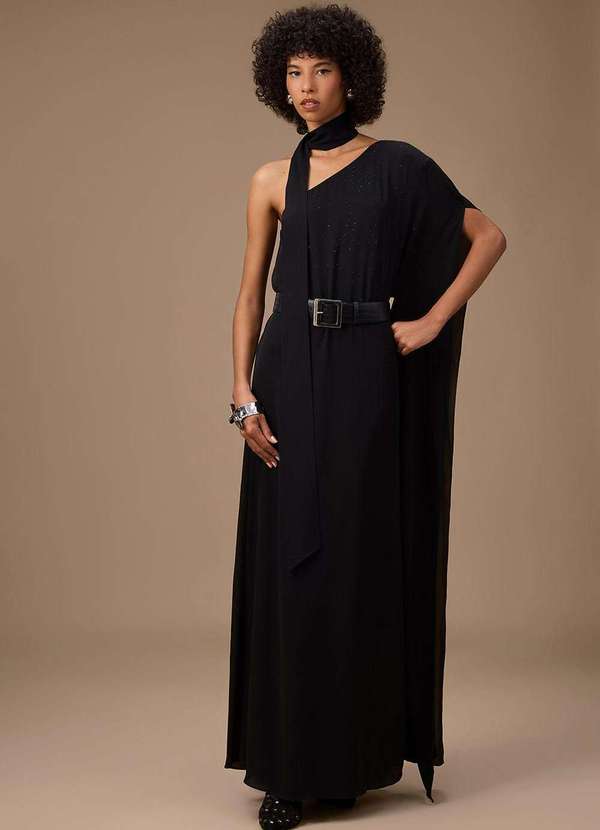 Maria.valentina - Vestido Maria.Valentina Ajustado um Ombro Só Manga Longa Longo Pr Preto