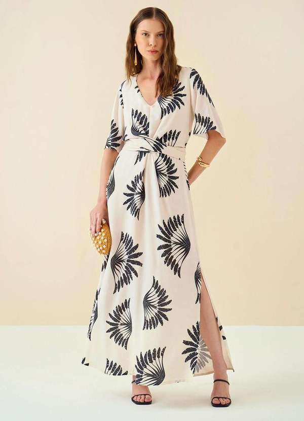 Maria.valentina - Vestido Maria.Valentina Longo Decote V Amarração Cintura Cru Nude