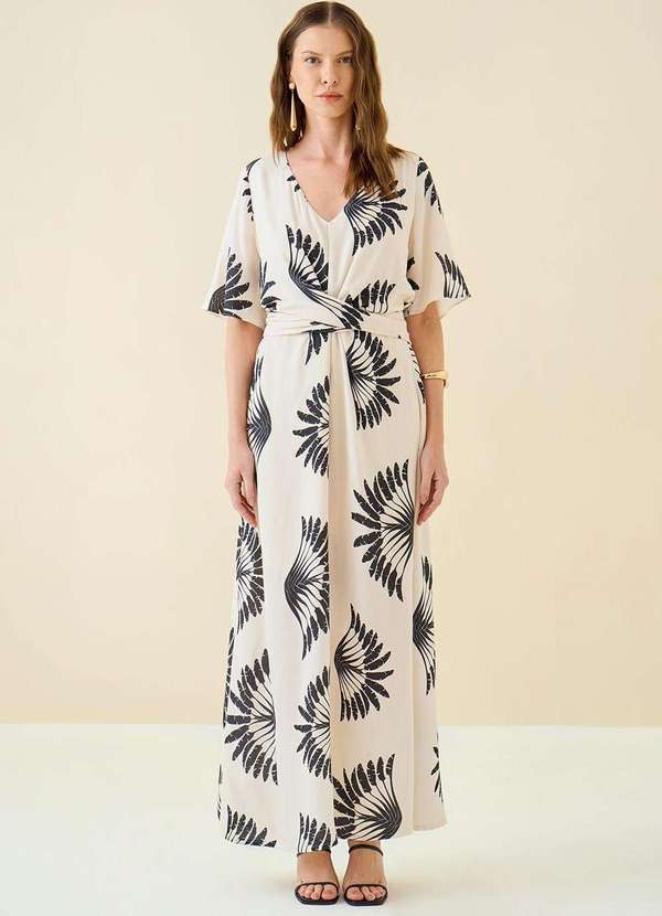 Maria.valentina - Vestido Maria.Valentina Longo Decote V Amarração Cintura Cru Nude 2