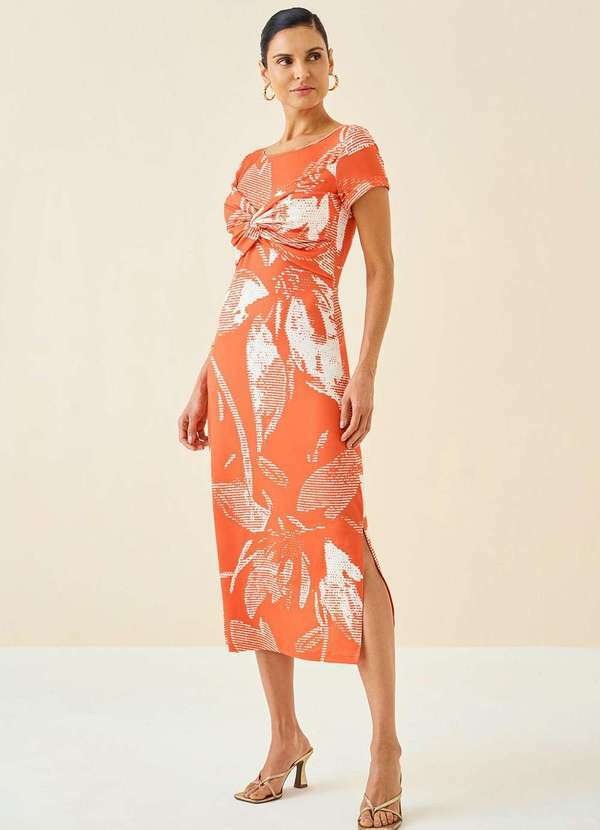 Maria.valentina - Vestido Maria.Valentina Midi Decote Canoa Torção Frente Laranja Laranja