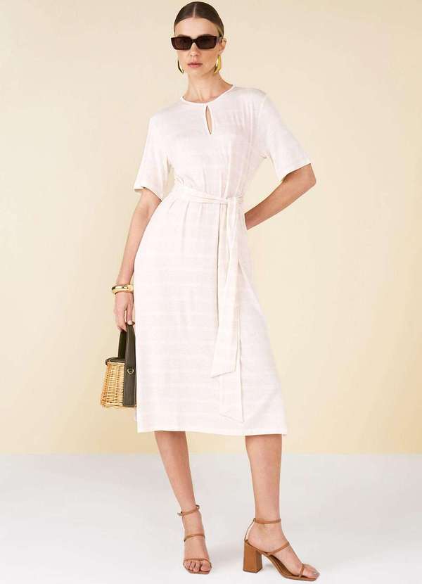 Maria.valentina - Vestido Maria.Valentina Midi Decote Redondo com Amarração Bege Bege