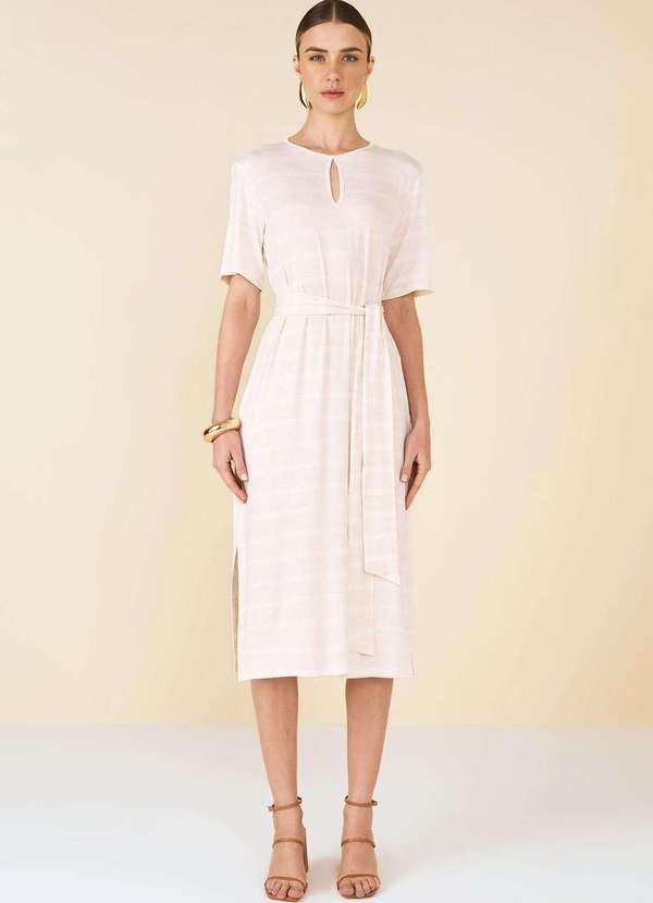 Maria.valentina - Vestido Maria.Valentina Midi Decote Redondo com Amarração Bege Bege 2