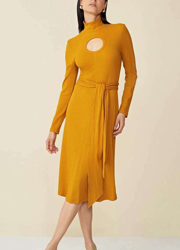 Maria.valentina - Vestido Maria.Valentina Midi Gola Alta com Faixa Amarelo Amarelo