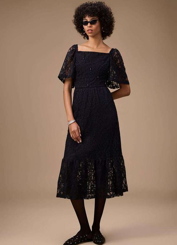 Maria.valentina - Vestido Maria.Valentina Solto Decote Reto Manga Curta Midi Preto Preto