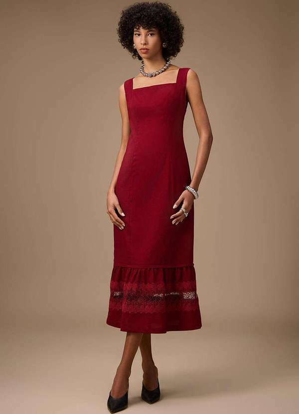 Maria.valentina - Vestido Maria.Valentina Solto Decote Reto com Alça Midi Bordo Vermelho