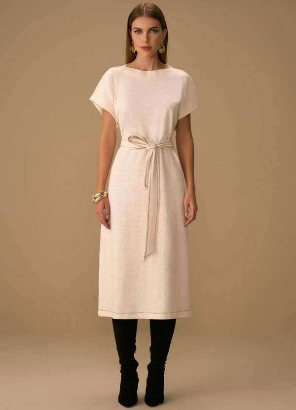 Maria.valentina - Vestido Maria.Valentina Solto Decote V Manga Longa Midi Off White Branco 3