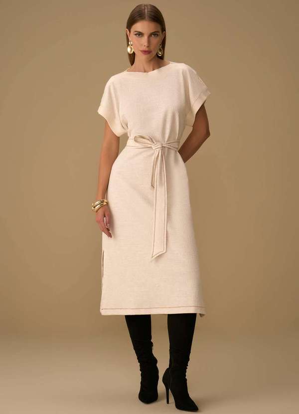 Maria.valentina - Vestido Maria.Valentina Solto Decote V Manga Longa Midi Off White Branco 4