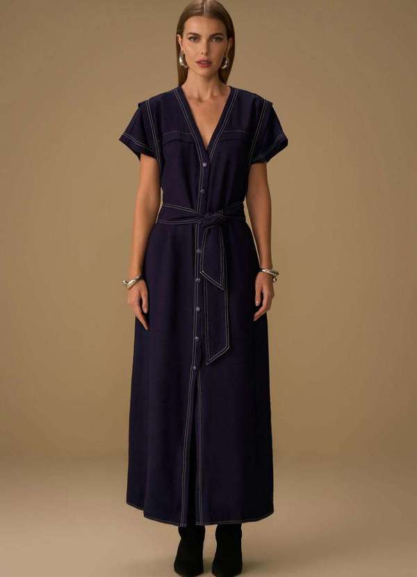 Maria.valentina - Vestido Maria.Valentina Solto Decote V Manga Curta Longo Azul Esc Azul 2