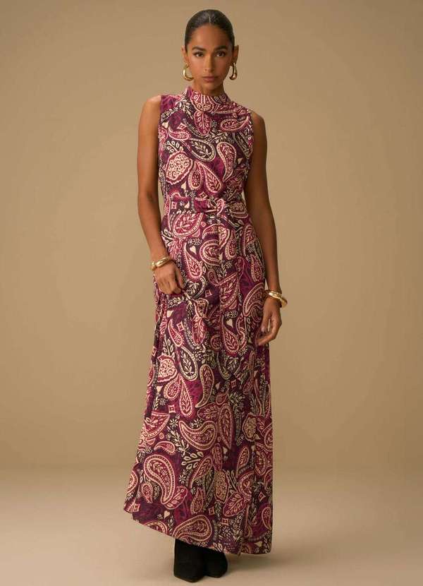 Maria.valentina - Vestido Maria.Valentina Solto Decote Careca sem Manga Longo Bordo Vermelho