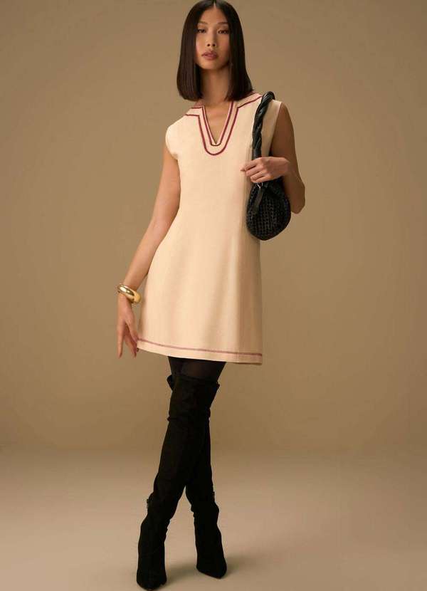 Maria.valentina - Vestido Maria.Valentina Solto Decote V sem Manga Curto Bege Bege