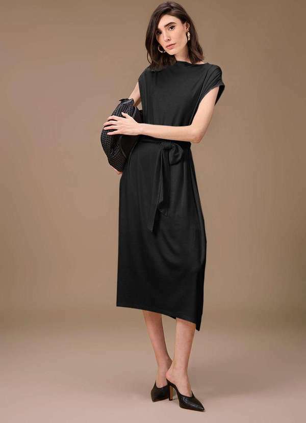 Maria.valentina - Vestido Maria.Valentina Solto Decote Canoa Manga Curta Longo Pret Preto