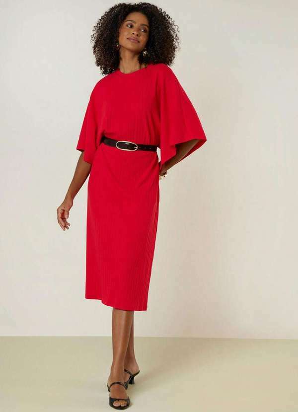 Maria.valentina - Vestido Maria.Valentina Solto Decote Careca Manga Curta Midi Verm Vermelho