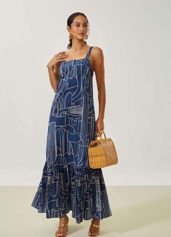 Maria.valentina - Vestido Maria.Valentina Solto Decote Reto com Alça Longo Azul Azul