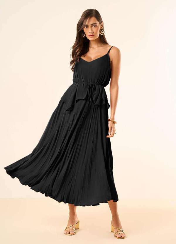 Maria.valentina - Vestido Maria.Valentina Solto Decote V com Alça Midi Preto Preto
