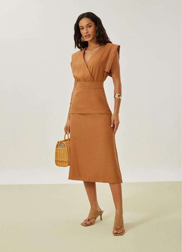 Maria.valentina - Vestido Maria.Valentina Solto Decote V Manga Curta Longo Marrom Marrom